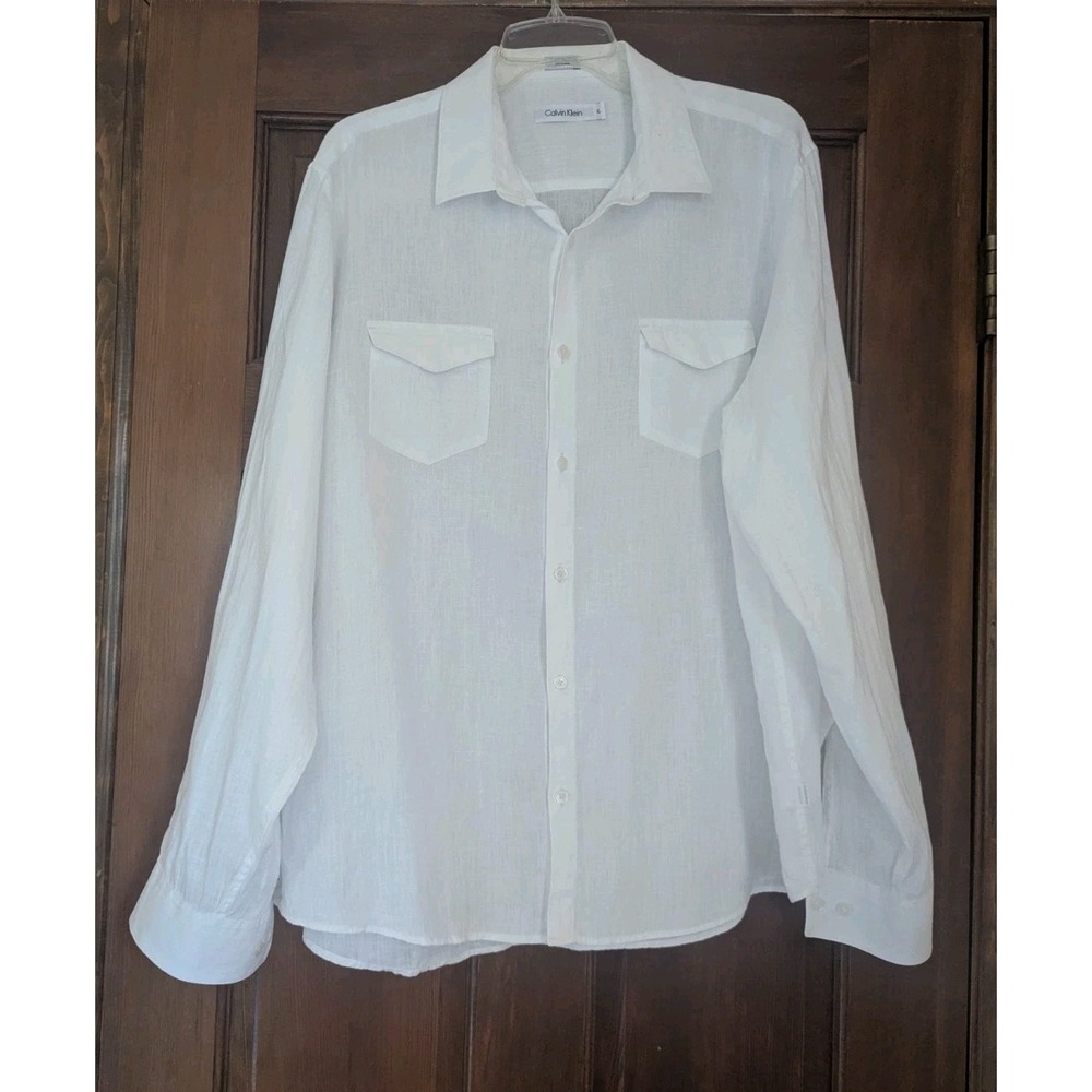 Calvin Klein Linen Mens Shirt XL White Roll Up Sleeve Button Up